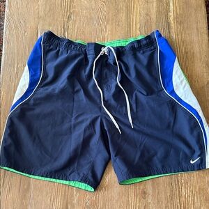 Nike Men's Navy Blue Swim Trunks with Green Trim